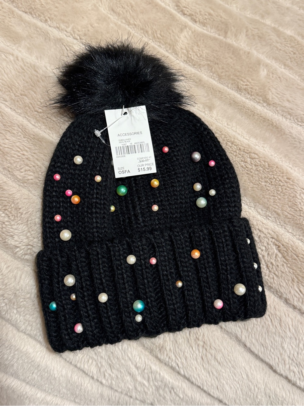 Accessories Black Embellished Pom Beanie NWT